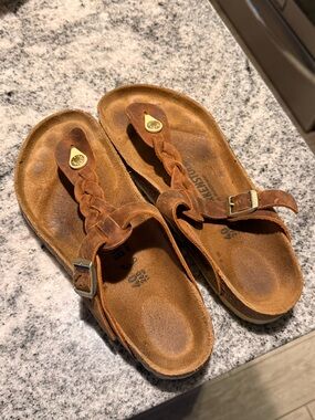 Birkenstock Brown Braided Leather Gizeh Sandals